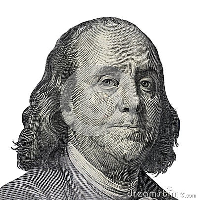 Benjamin Franklin. Qualitative portrait from 100 dollars banknote Clipping path included Stock Photo