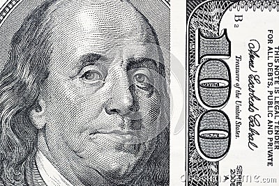 Benjamin Franklin`s eyes from a hundred-dollar bill. The eyes of Benjamin Franklin on the hundred dollar banknote, backgrounds, Stock Photo