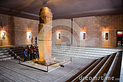 The Bennett Monolith, an ancient stone statue, on display in the Tiwanaku archaeological site museum, near La Paz, Bolivia Editorial Stock Photo