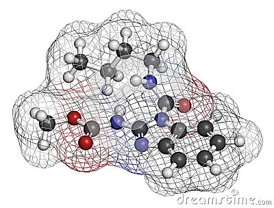 Benomyl fungicide molecule. 3D rendering. Atoms are represented as spheres with conventional color coding: hydrogen white,. Stock Photo