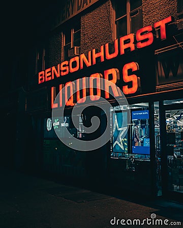 Bensonhurst Liquors vintage sign at night, Brooklyn, New York Editorial Stock Photo