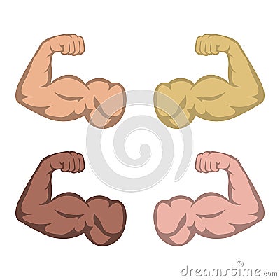 Bent arms of different shades showing biceps, strong muscles. Vector Illustration