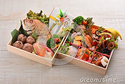 Bento box gift of dried seafood with snapper, shrimp, octopus, m Stock Photo