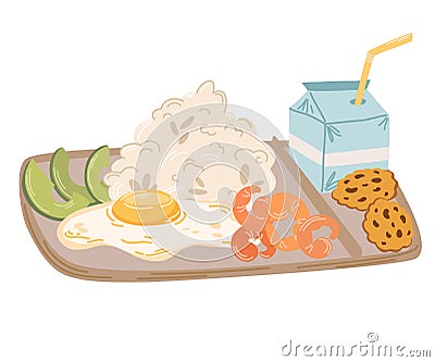 Bento lunch. Asian Food. Japanese lunch box with rice shrimp and avocado. Perfect for restaurant cafe and print menus. Vector hand Vector Illustration