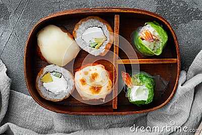 Bento Lunch Sushi roll, on gray stone background, top view flat lay Stock Photo