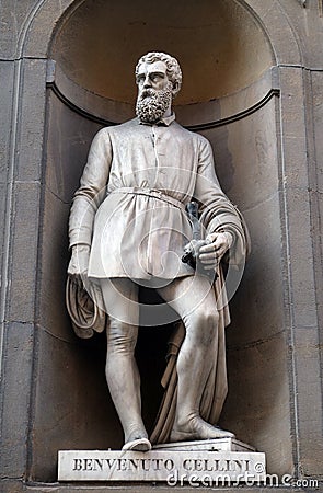 Benvenuto Cellini, statue in the Niches of the Uffizi Colonnade in Florence Editorial Stock Photo