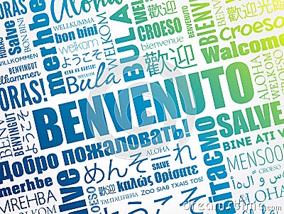 Benvenuto Welcome in Italian word cloud in different languages, conceptual background Stock Photo