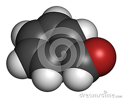 Benzaldehyde bitter almond odor molecule. 3D rendering. Atoms are represented as spheres with conventional color coding: hydrogen. Stock Photo