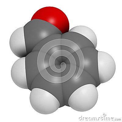 Benzaldehyde bitter almond odor molecule. 3D rendering. Atoms are represented as spheres with conventional color coding: hydrogen Stock Photo