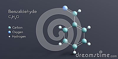 benzaldehyde molecule 3d rendering, flat molecular structure with chemical formula and atoms color coding Stock Photo