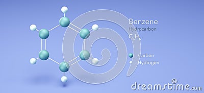 Benzene, aromatic hydrocarbon. molecular structures, 3d rendering, Structural Chemical Formula and Atoms with Color Coding Stock Photo