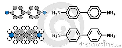Benzidine (4,4â€™-diaminobiphenyl) chemical. Highly carcinogenic. Used in production of dyes Vector Illustration