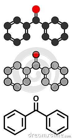 Benzophenone molecule. Stylized 2D renderings and conventional skeletal formula. Vector Illustration