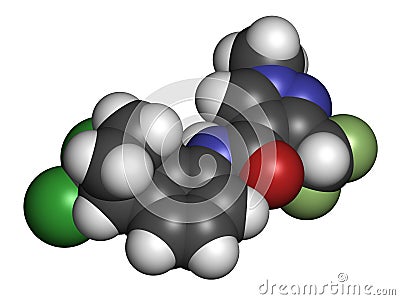 Benzovindiflupyr fungicide molecule. 3D rendering. Atoms are represented as spheres with conventional color coding: hydrogen . Stock Photo