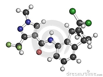 Benzovindiflupyr fungicide molecule. 3D rendering. Atoms are represented as spheres with conventional color coding: hydrogen . Stock Photo