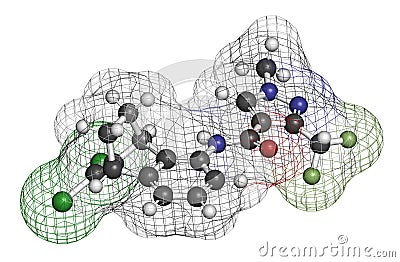 Benzovindiflupyr fungicide molecule. 3D rendering. Atoms are represented as spheres with conventional color coding: hydrogen . Stock Photo