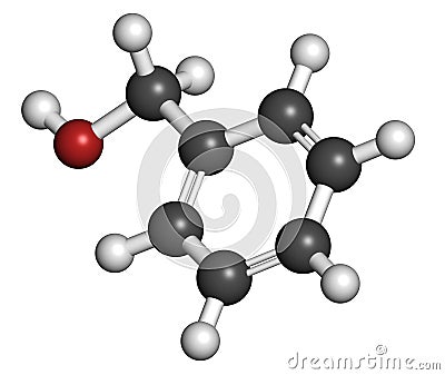 Benzyl alcohol solvent molecule. Used in manufacture of paint, ink, etc. Also used as preservative in drugs. Stock Photo