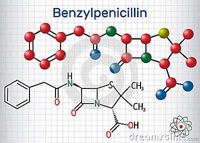 Benzylpenicillin penicillin G drug molecule. It is beta-lactam antibiotic. Structural chemical formula and molecule model. Sheet Vector Illustration