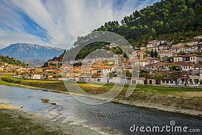 BERAT, ALBANIA: Landscape with views of the Osum River and the old town of Berat. Stock Photo