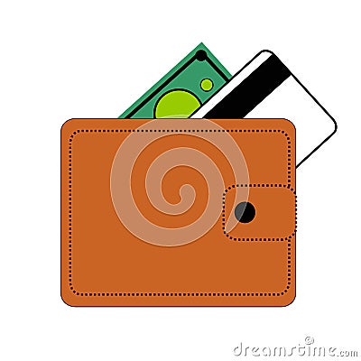 Berdyansk, Ukraine, 03/22/2018 Brown wallet purse with button, cash green, credit card, bank, white on white background, , d Stock Photo