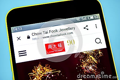 Berdyansk, Ukraine - 29 May 2019: Chow Tai Fook Jewellery website homepage. Chow Tai Fook Jewellery logo visible on the phone Editorial Stock Photo