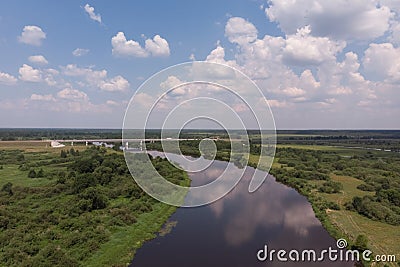 Berezina river and bridge over the river from a bird`s eye view Stock Photo