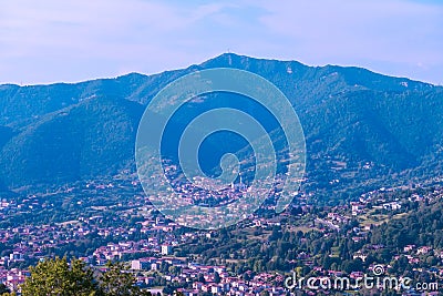 Bergamo - Aerial view of historic medieval walled city of Bergamo seen from Cittˆ Alta (Upper Town), Italy Stock Photo