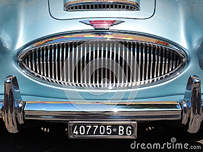 Bergamo, Italy. Austin Healey historic car, body style details Editorial Stock Photo