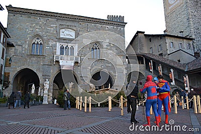 Street show of famous movie characters like spiderman, batman, superman, captain America. Editorial Stock Photo