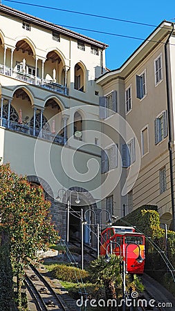 Bergamo, Italy. The Funicular from the lower city to the upper city. Scenic view from the venetian wall Editorial Stock Photo