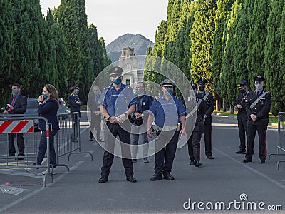 Bergamo, Italy. Traffic police control the traffic in the streets during the arrival of the President of the Republic in Bergamo Editorial Stock Photo