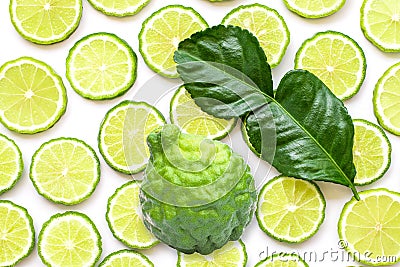 Bergamot kaffir fruit slice with green leaf pattern Stock Photo