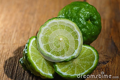 Bergamot,Kaffir lime, a Thai citrus fruit used in cooking and herbs Stock Photo