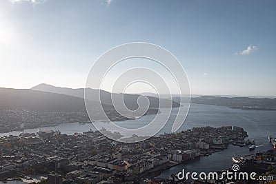 Bergen Norway Cityscape with Fjord and Mountains Stock Photo