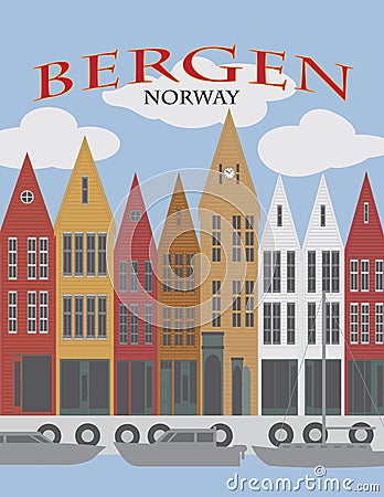 Bergen Norway Downtown Waterfront Poster vector Illustration Vector Illustration