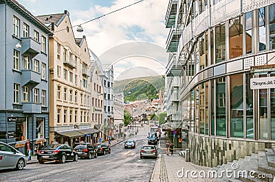 Bergen, Norway-July 30, 2013: Bergen street, on a Sunny evening Editorial Stock Photo