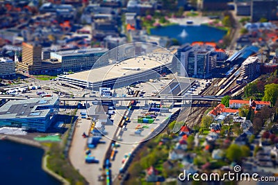 Tilt-shift miniature like image of Bergen, Norway, train station and logistics hub area Editorial Stock Photo