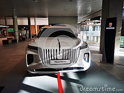 Front of the new electric Hongqi E-HS9 exhibition model at Bergen Airport in Norway Editorial Stock Photo