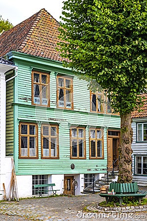 Bergen, Norway - Reconstructed XIX century Norwegian city street with wooden houses in Old Bergen Museum - Gamle Bergen Museum - Editorial Stock Photo