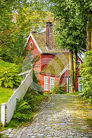 Bergen, Norway - Reconstructed XIX century Norwegian city street with wooden houses in Old Bergen Museum - Gamle Bergen Museum - Editorial Stock Photo