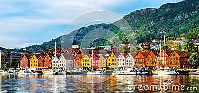 Bergen, Norway. View of historical buildings in Bryggen- Hanseatic wharf in Bergen, Norway. UNESCO World Heritage Site Stock Photo