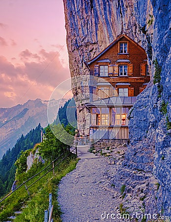 Berggasthaus Aescher in den Appenzeller Alpen, Appenzell, Swiss Ebenalp in Switzerland, Stock Photo