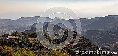 View of the unique mountain world from a remote Ethiopian village. Stock Photo