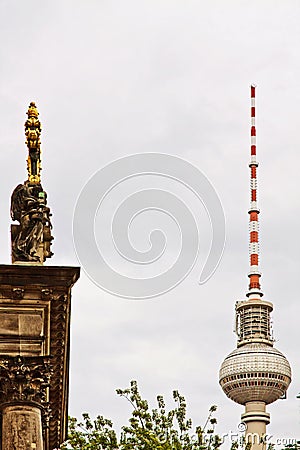 Berlin, architectural contrast: TV tower and Altes Museum Editorial Stock Photo