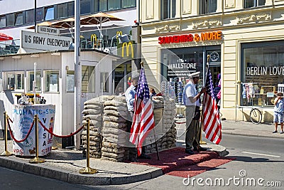 Berlin, Germany - Contemporary memorial of Checkpoint Charlie, known also as Checkpoint C - Berlin Wall historic crossing point Editorial Stock Photo