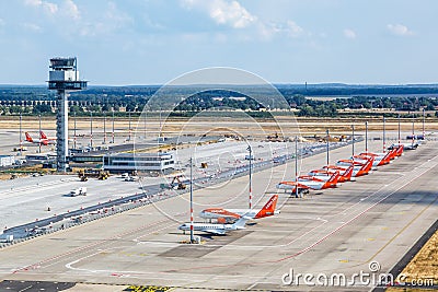 Berlin Brandenburg BER Airport EasyJet airplanes aerial view photo Editorial Stock Photo