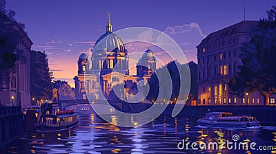 Berlin Cathedral (Berliner Dom) as seen from the Spree River. Cartoon Illustration