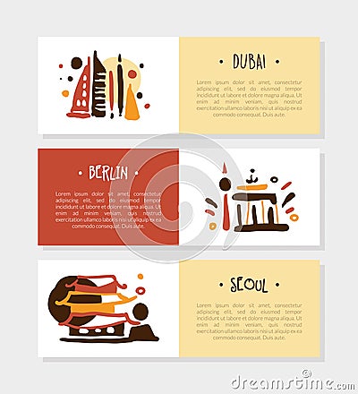 Berlin, Dubai, Seoul Tourist Brochure Template, Promo Flyer, Booklet, Leaflet Layout Vector Illustration Vector Illustration