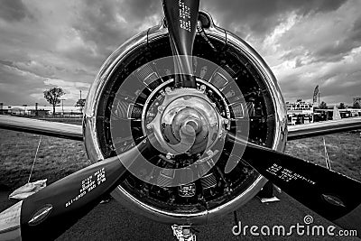 Radial engine Wright R-1820-9 of the military trainer aircraft North American T-28B Trojan, close-up. Editorial Stock Photo