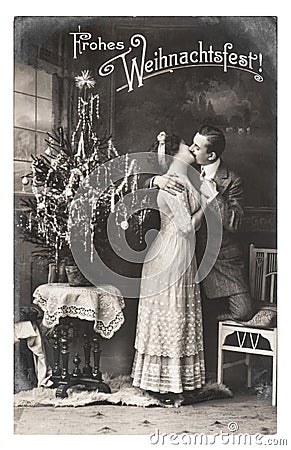 Young couple celebrated with christmas tree Vintage picture Editorial Stock Photo